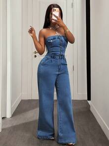 SHEIN Slayr Áo liền quần denim kiểu dáng thường ngày cài nút dành cho nữ, thích hợp cho kỳ nghỉ. - Rửa trung bình - Xem 7