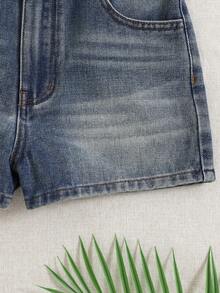SHEIN Shorts de mezclilla suave lavada para niñas preadolescentes, ajuste cómodo, primavera/verano - Azul lavado oscuro - Ver 6