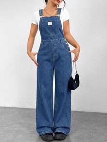 SHEIN EZwear 女士纯色方领无袖宽松口袋时尚牛仔连体裤，夏季 - 中等水洗藍 - 查看 7