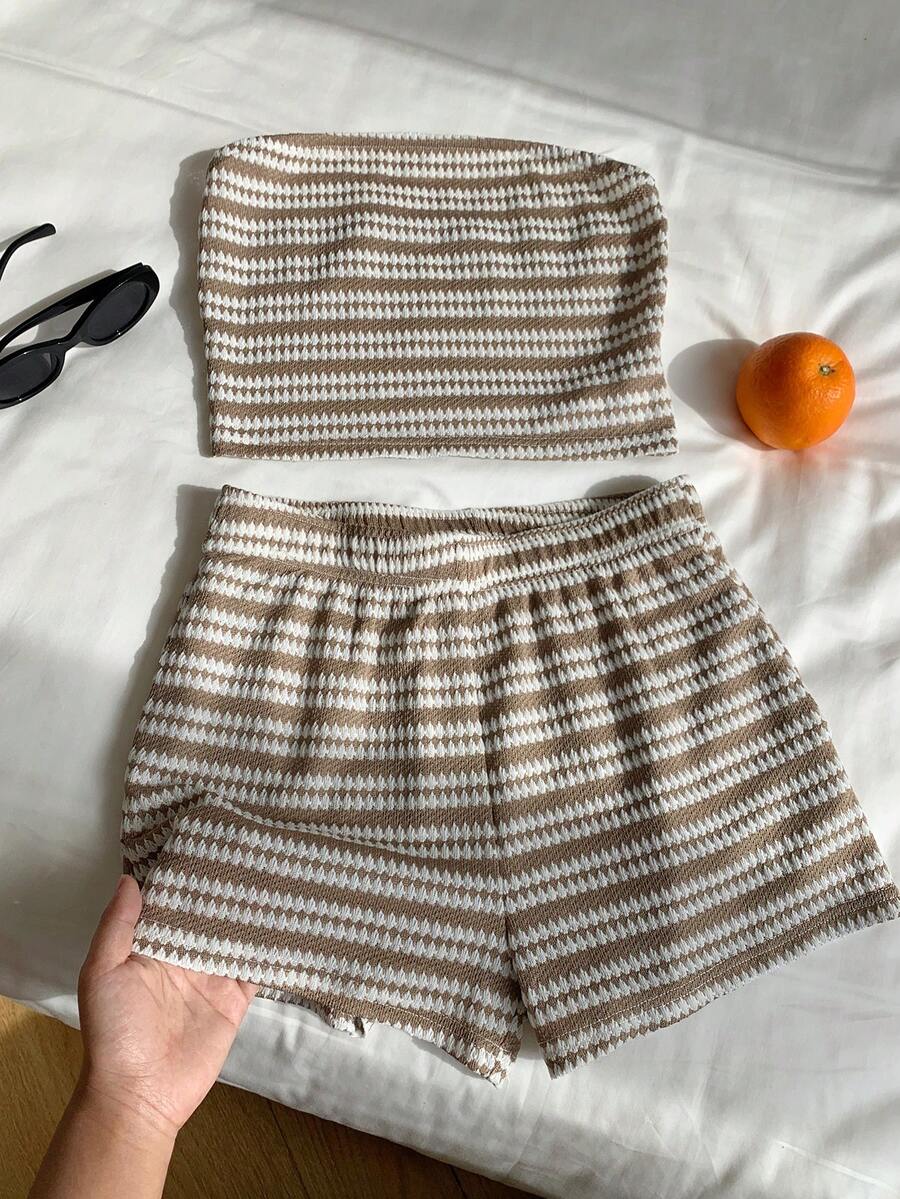 Comfortcana Women's Summer Vacation Striped Cropped Bandeau Top And Shorts 2 Pieces Set - Khaki - View 1