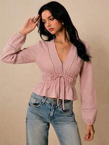 Poéselle Women's Solid Color Long Sleeve Ruched Waist Tie Shirt - Dusty Pink - View 5