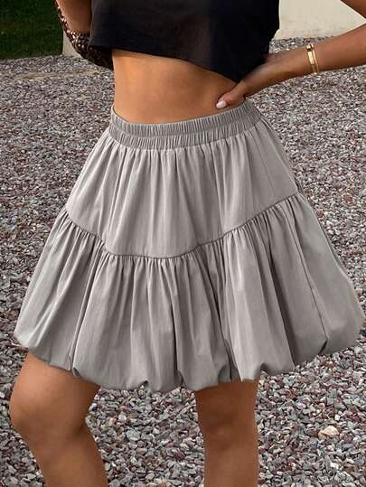 DAZY Solid Color Loose Flared Skirt, Elastic Waist Casual Summer Holiday Mini Skirt For Women