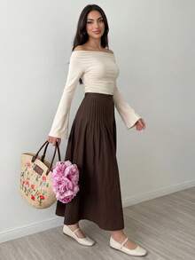 Selianne Falda acampanada de lino con rayas, elegante y versátil, para primavera/verano - Marrón - Ver 6