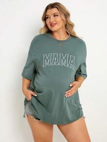 Plussiva Plus Size Pregnant Women Letter Print Zip-Up Nursing Function Round Neck Short Sleeve T-Shirt - Green - View 3