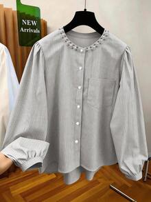 GlowEve CURVE Camisa casual holgada de manga larga con cuello redondo, decorada con perlas y diamante de imitación, adecuada para mujer talla grande, para primavera/verano, regreso a clases, vacaciones, graduación, San Valentín, Navidad, festival de música, Día de la Madre, Halloween, Acción de Gracias, Pascua, Día Nacional, baile de graduación, cumpleaños, cita, boda, actividades al aire libre - Blanco y Negro - Ver 1