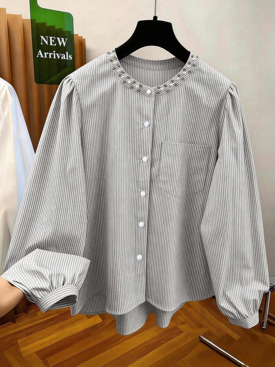 GlowEve CURVE Camisa casual holgada de manga larga con cuello redondo, decorada con perlas y diamante de imitación, adecuada para mujer talla grande, para primavera/verano, regreso a clases, vacaciones, graduación, San Valentín, Navidad, festival de música, Día de la Madre, Halloween, Acción de Gracias, Pascua, Día Nacional, baile de graduación, cumpleaños, cita, boda, actividades al aire libre - Blanco y Negro - Ver 1
