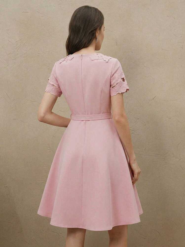 Elegant Embroidered Waist Tie Short Sleeve Slim Fit Dress, Formal, Party, Chic, Work, Graduation, Wedding, Red