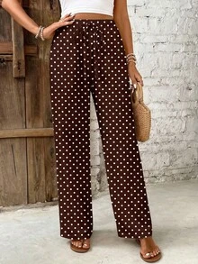 SHEIN Frenchy Brown & White Polka Dot All-Over Print Casual Elastic Waist Women's Pants, Suitable For Spring/Summer Vacation - Multicolor - View 3