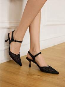 CUCCOO HITCHD Pointed Breathable Mesh Rhinestone Hollow Fashion Embroidery Temperament Versatile Sexy Fairy Banquet Black High Heels - Black - View 6