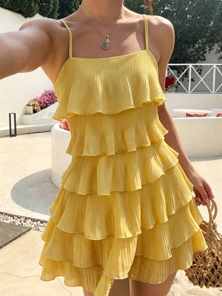 Cévolie Women's Casual Pleated Textured Tiered Cami Mini Dress For Vacation - Butter Yellow - View 1