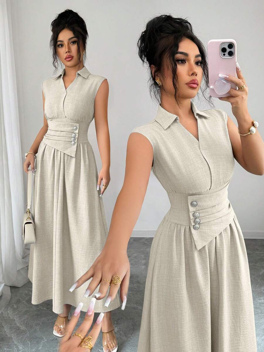 SHEIN Elenzya 女士春夏翻领收腰纯色纹理面料A字长连衣裙,适合通勤、外出等场合 - 卡其色 - 查看 1
