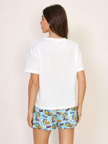 LOONEY TUNES X SHEIN Women's Round Neck Short Sleeve T-Shirt And Casual Shorts Pajama Set - - White - View 2