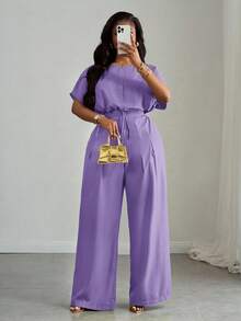 Slaydiva Setelan Wanita Ukuran Plus 2 Potong: Atasan Crop Longgar Ungu dengan Bahu Jatuh dan Tali Serut di Bagian Bawah & Celana Panjang Lebar dengan Saku, Pakaian Kasual Cerdas Musim Panas untuk Sehari-hari - Mauve Purple - View 4
