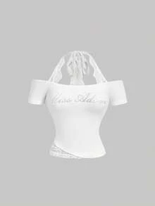 SHEIN MOD Women's White 2 In 1 Lace Rhinestone Embellished Halter Neck T-Shirt,Elegant Off Shoulder Graphic Tee With Lace Trim,Summer Y2K Top For Night Out - White - View 3