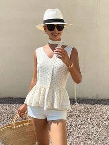 Livesso Women's Polka Dot Print Tie-Up Sleeveless Chiffon Blouse, Casual Elegant Beach Vacation Vacation Style For Spring Summer Black White Polka Dot - Beige - View 6