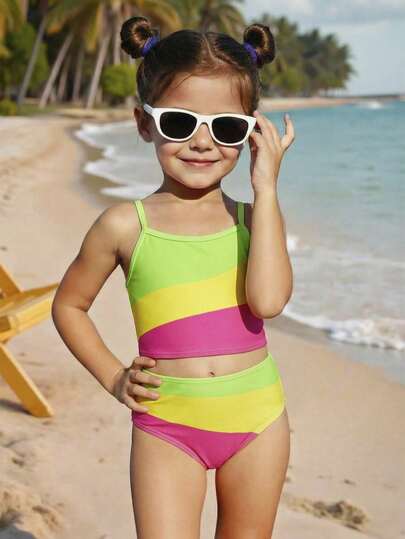 SHEIN 女童条纹撞色吊带背心和泳裤泳装套装