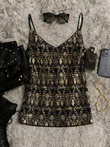 Glimmora Áo hai dây lưới xuyên thấu màu đen đính sequin hình lá và hạt cườm - màu đen - Xem 2