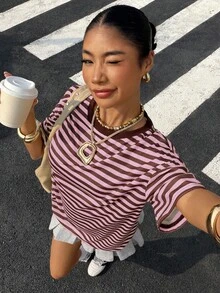 Muchica Yellow Striped Knit Casual T-Shirt For Women - Pink - View 4