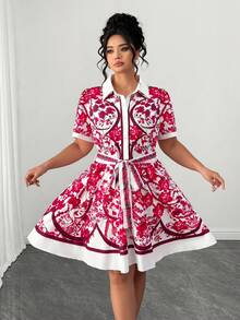 SHEIN Elenzya Plus Size Floral Print Short Sleeve Casual Dress - Red - View 5