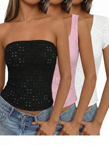 SHEIN EZwear Black Knit Women's U-Neck Short Sleeve Embroidered Breathable Tank Top For Summmer Club Sexsy - Multicolor - View 2