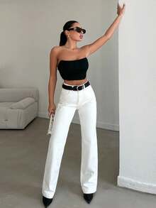SHEIN Plus High Waist Casual Straight Jean - White - View 4