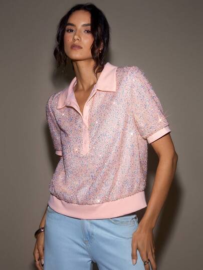 LOTSLUV Áo thun nữ tay ngắn dáng rộng, chất liệu vải đính sequin, màu hồng, thích hợp cho mùa xuân/hè.