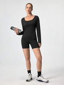 Áo thun nữ cổ chữ U tay dài màu trơn, dáng ôm, đa năng, dễ phối đồ. - màu đen - Xem 10