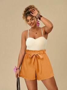 Travachic Plus Size Women Ruffle Waist Loose Orange Shorts Vacation Summer - Orange - View 4