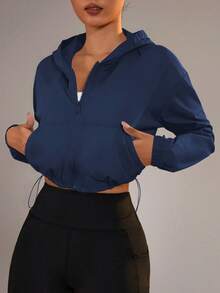 SHEIN Dewbera Zip-Up Hooded Drawstring Hem Sun Protection Jacket Crop Top Jacket Cropped Windbreaker Blue Jacket Cropped Zip Up Cropped Workout Jacket Hooded Jacket - Navy Blue - View 5