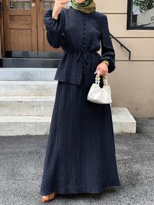 Solavon Women's Casual Solid Color Textured Long Sleeve Top And Skirt 2 Pieces Set,Unlined Sleeves, Autumn Modest Two Piece Linen Sets - Navy Blue - View 5