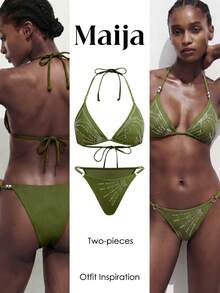 Maija Women's Halter Neck Spaghetti Strap Triangle Bikini Set,Glitter Sequin Textured 2 Pieces Bathing Suit,Olive Green Summer Casual Beach Vacation Holiday - Army Green - View 8