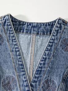 GlowEve Chaleco de mezclilla casual lavado y bordado para mujer - Azul lavado medio - Ver 3