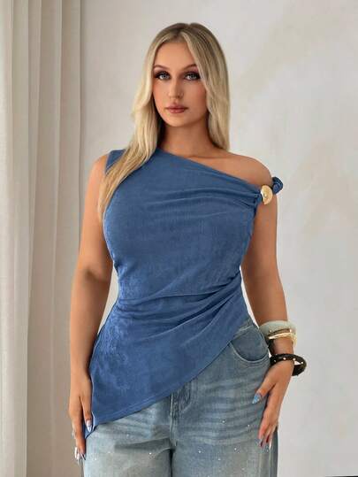 Auralis Camiseta feminina plus size de cor sólida com barra assimétrica e decote assimétrico franzido.