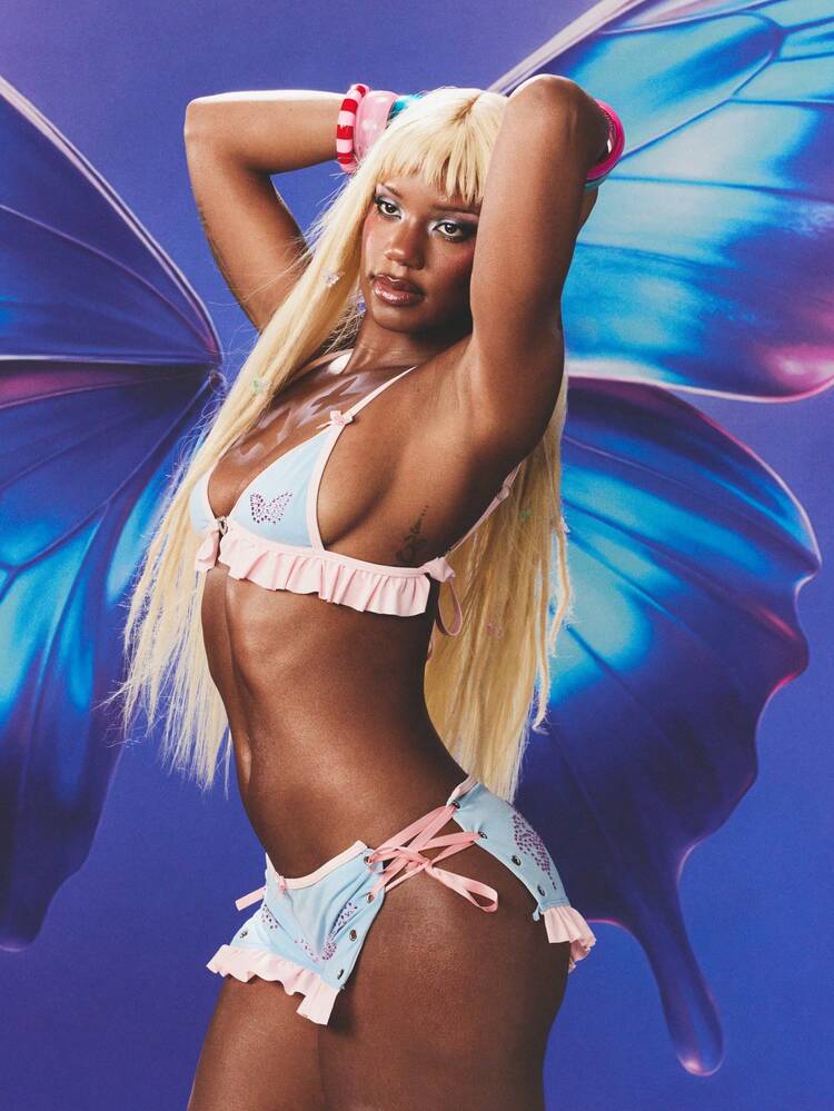 SUMWON WOMEN Blue Bikini Set With Pink Ruffle Trim