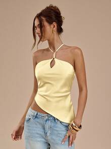 SHEIN BAE Blusa elegante sin espalda con cuello halter en color albaricoque y blanco para mujer, top satinado sexy y elegante, para primavera/verano - Amarillo - Ver 2