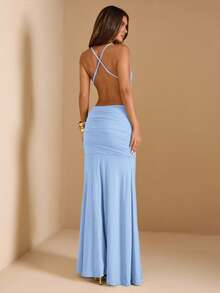 SHEIN BAE Đầm nữ màu xanh lá cây trơn, dây mảnh, eo nhún, lưng hở, thích hợp cho tiệc tùng, kỳ nghỉ, tiệc chiêu đãi, đám cưới, đi chơi tối, hẹn hò lãng mạn. - Màu xanh nhạt - Xem 2