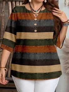 EMERY ROSE Casual Textured Colorblock Striped Print V-Neck Shirt, Minimalist Plus Size Shirt Suitable For Summer - Multicolor - View 4