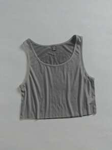SHEIN EZwear 女士休闲宽松U领露脐背心，深灰色 - 深灰色 - 查看 6