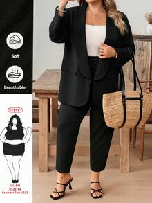 SHEIN CURVE+ Ensemble deux pièces grande taille pour femmes, veste de costume noire décontractée et ample, et leggings, tenue décontracté confortable pour l'automne et l'hiver, tenue de bureau décontracté, tenue d'automne, tenue de travail - Noir - Voir 3