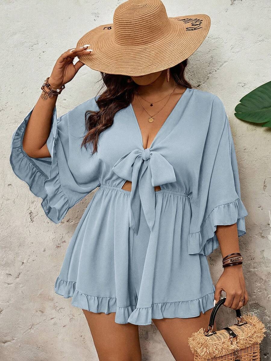 SHEIN VCAY Mono de talla grande con mangas de murciélago, dobladillo con volantes y cintura con lazo, unicolor para vacaciones - Neblina azul - Ver 1