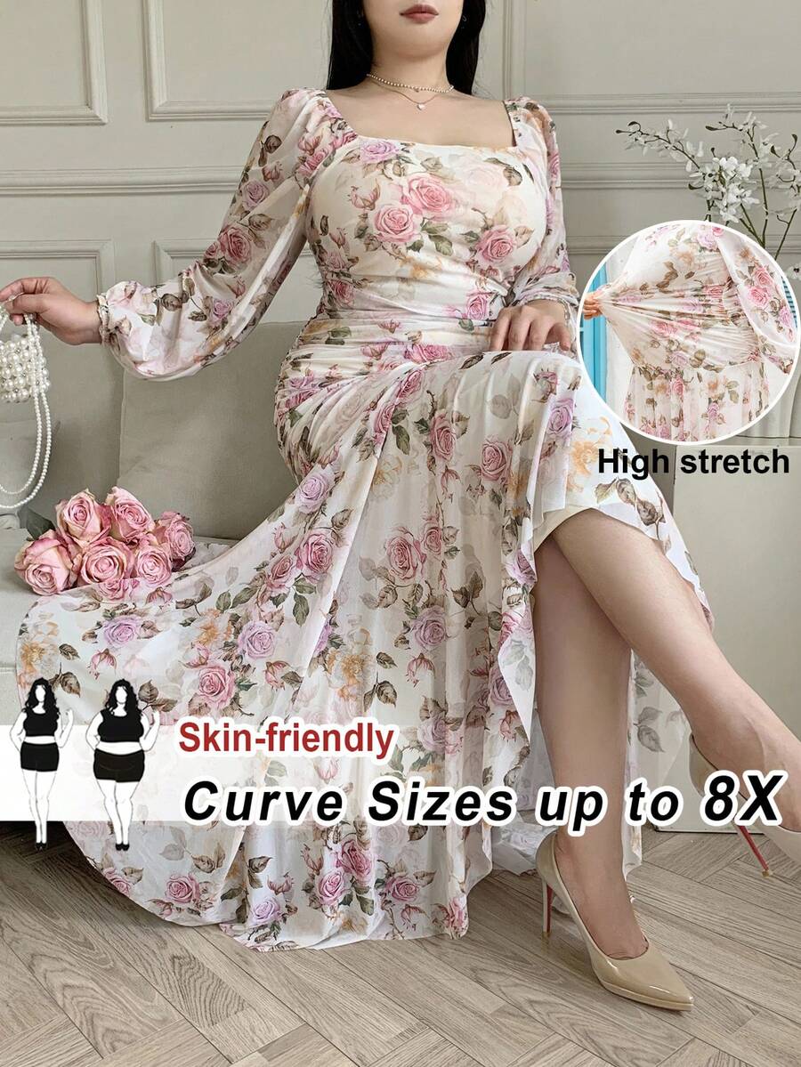 SHEIN CURVE+ 大码女式春夏度假风印花方领灯笼袖荷叶边修身鱼尾连衣裙 - 彩色 - 查看 1