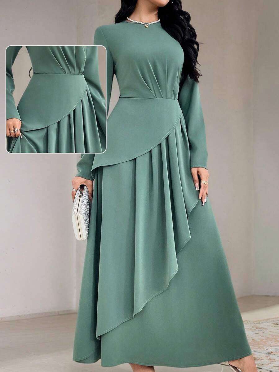 Veilorie Women's Drawstring Neck Long Sleeve Pleated Simple Long Dress, Casual Daily Wear Long Evening Dresses