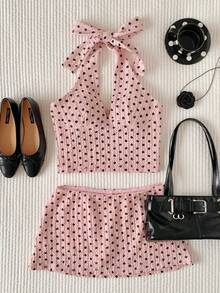 Comfortcana Women's 1960s Cute Vintage Pink And Black Polka Dot Summer Vacation 2-Piece Set,Textured Ruched Halter Neck Tie Waist Top And Skirt,Beach Vacation - Pink - View 5