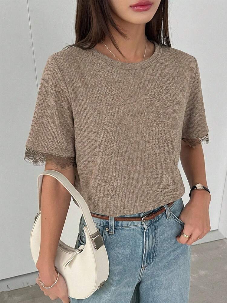 Women's Summer Round Neck Short Sleeve Lace Patchwork Casual Pullover T-Shirt