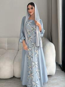 Yasmyna 女士优雅方领阿拉伯风格连衣裙 - 藍色 - 查看 4