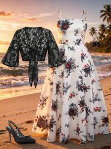 Franclia Multicolor Floral Ruffle Hem Co-Ord For Women Stylish Cropped Lace Top With Semi-Sheer Half Flare Sleeves - Multicolor - View 10