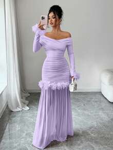 Elenzga New Arrival Spring/Autumn Elegant Romantic Solid Color Ruffle Decor Cross V-Neck Long Sleeve Pleated Fitted Mesh Patchwork Bodycon Dress For Women - Mauve Purple - View 8