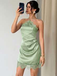 Firerie Women's Elegant Sexy Sage Green Summer Seductive Party Dress, Satin Fabric Contrast Lace Trim Spaghetti Strap Bodycon Mini Dress, Wedding Guest - Green - View 2