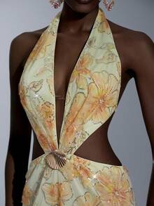 Elitara 优雅、浪漫、时尚、性感杏色印花珠饰面料深V领露背A字连衣裙，优雅派对礼服，婚礼宾客礼服，单身派对礼服，假日度假礼服，沙滩派对礼服，鸡尾酒会礼服 - 杏色 - 查看 6