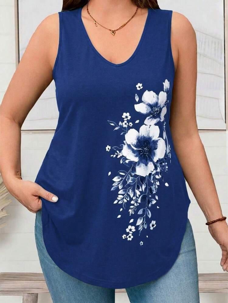 Plus Size Women's V-Neck Sleeveless Curved Hem Floral Offset Casual Top, Spring Outfits For Women Summer Outfits For Women